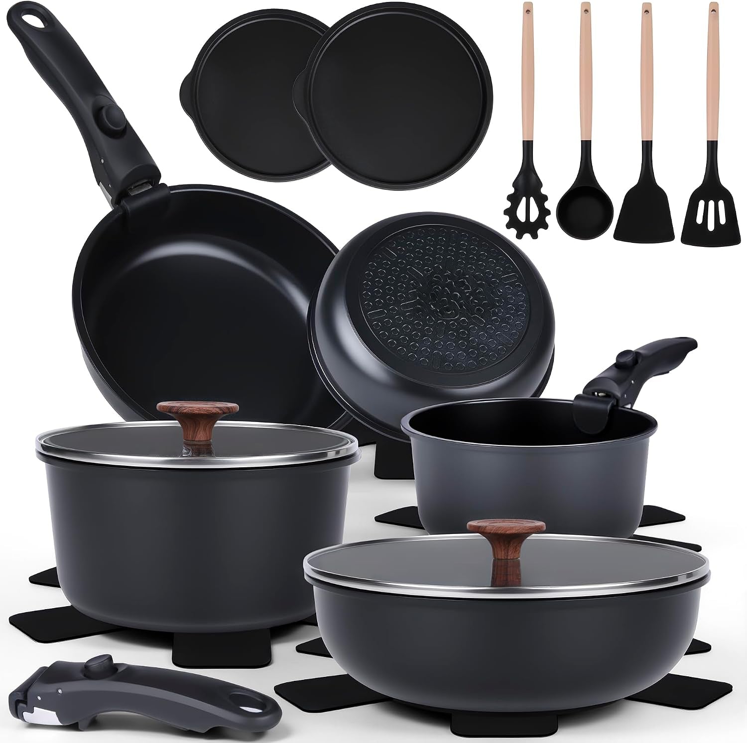 20-Piece Ceramic Nonstick Cookware Set | Detachable Handle, Stackable for RV | Oven & Dishwasher Safe