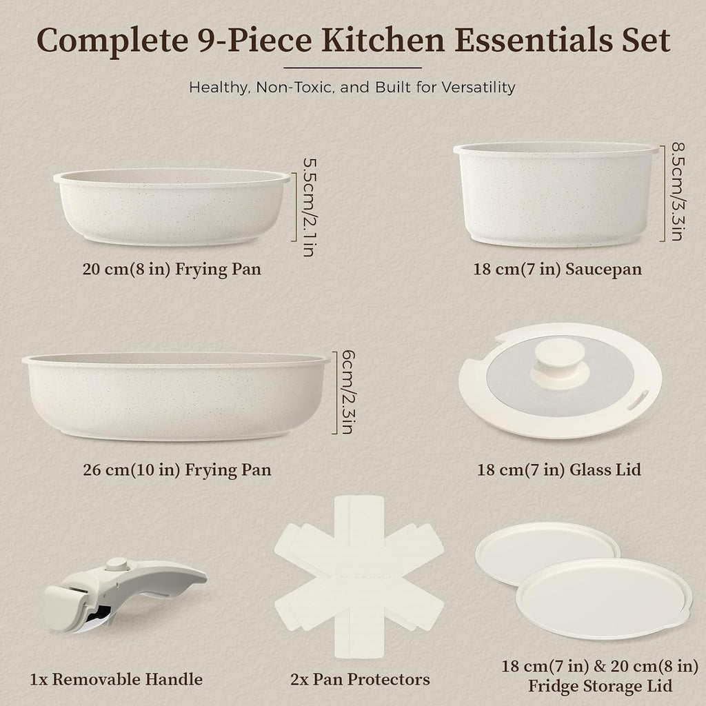 9Pcs Granite Nonstick Pots and Pans Set, Oven Safe, Stackable | Induction Compatible, Non-Toxic Cookware Set with Detachable Handle for RVs, Camping, PFOS/PFOA-Free