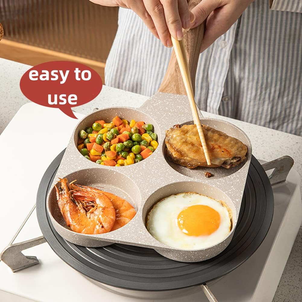 Four-Cup Fried Egg Pan, Medical Stone Non-Stick Frying Pan for Breakfast,Divided Skillet Suitable Gas Stove and Induction Cooker (3-inch eggs) White
