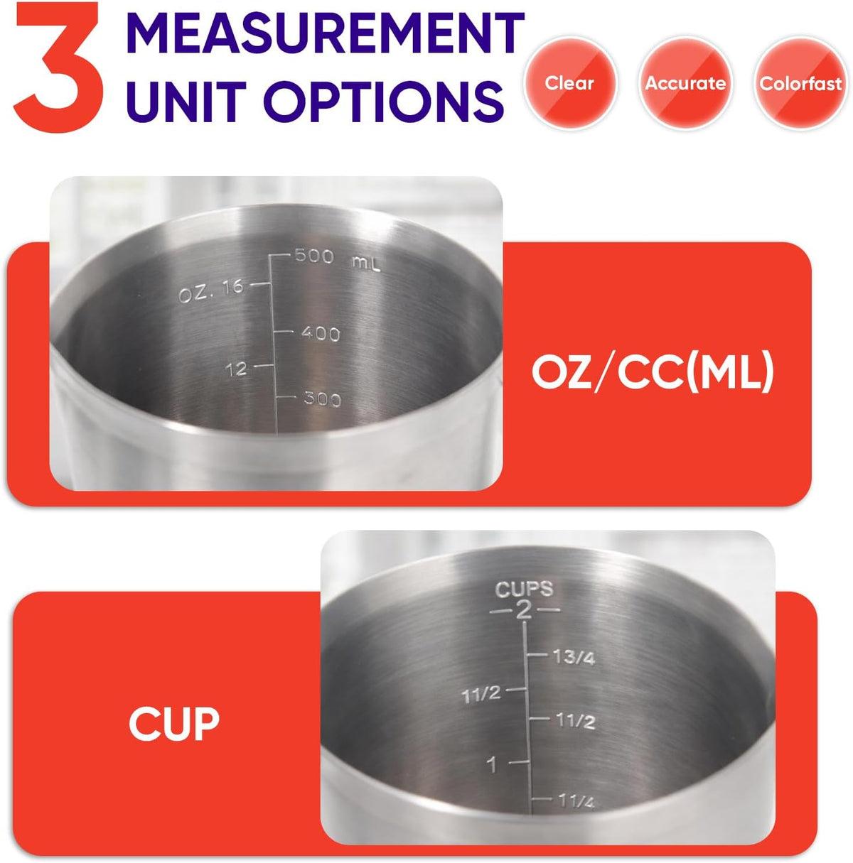 Metal Measuring Cup with Handle (Upgraded, 3 Marking Including Cup/ML/Ounce Scale), 16 Ounces (0.5 Liter, 2 Cup)