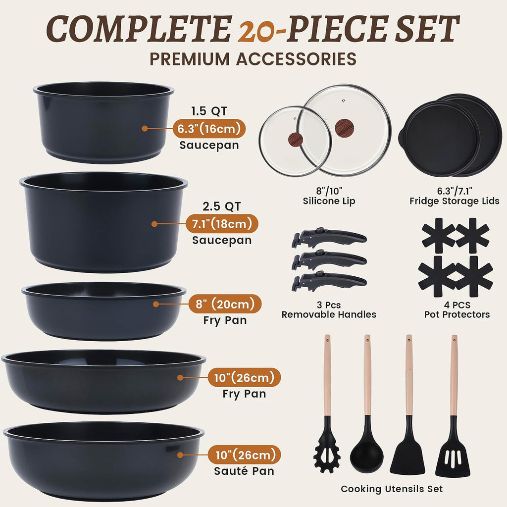 20-Piece Ceramic Nonstick Cookware Set | Detachable Handle, Stackable for RV | Oven & Dishwasher Safe