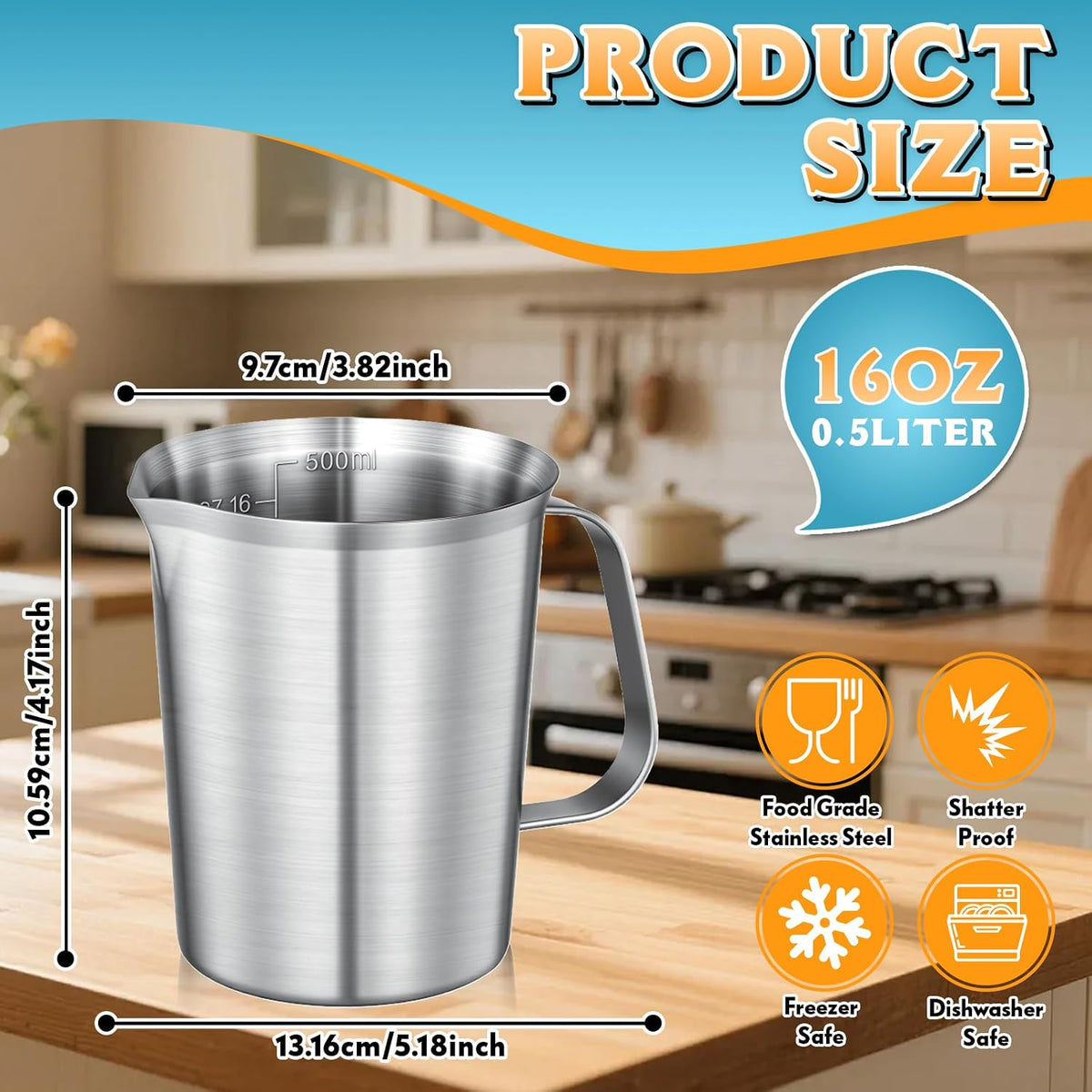 Stainless Steel Measuring Cup 18oz (2 Cup / 500ml), Heavy Duty Liquid Measuring Pitcher with Handle & Engraved Markings, Metal Measuring Cup for Coffee, Milk, Baking & Frothing