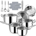 Stainless Steel Cookware Set - 20 PCS Pots and Pans Set with 3-Ply Stainless Steel Frying Pan, Professional Kitchen Cooking Set, Induction Compatible, Oven & Dishwasher Safe