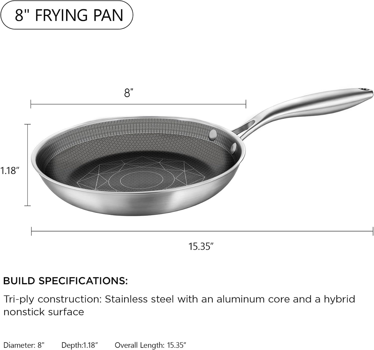 8-Inch Stainless Steel Pan, Hybrid Nonstick Frying Pan | 3-Ply Clad Cookware, Healthy & Non-Toxic, Dishwasher & Oven Safe, Stay-Cool Handle, Induction Compatible – Metal Utensil Safe