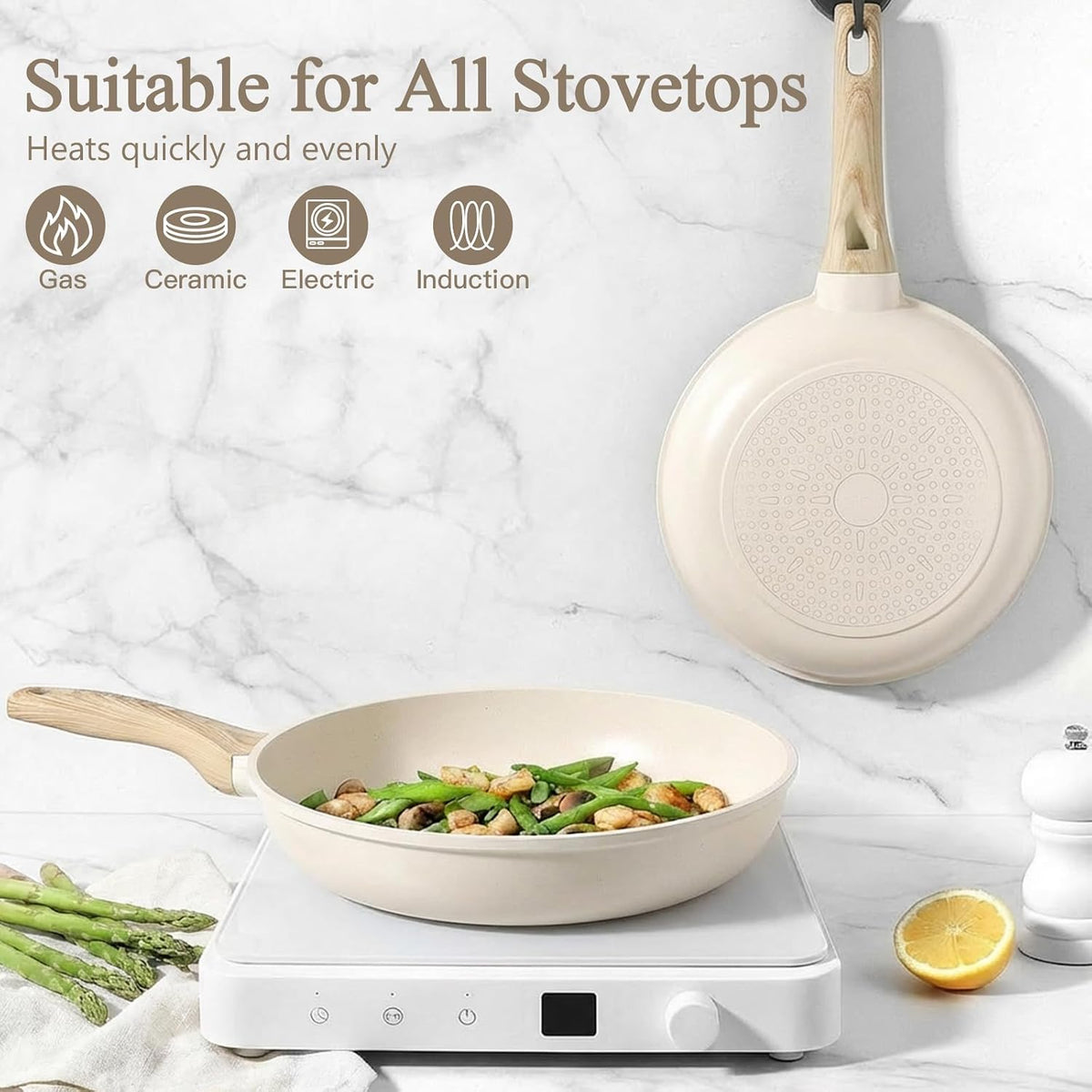 Nonstick Frying Pan Skillet - 9.5" White Granite Non Stick Fry Pans, Omelette Pan Healthy Stone Cookware Compatible with All Stovetops, PFOA Free
