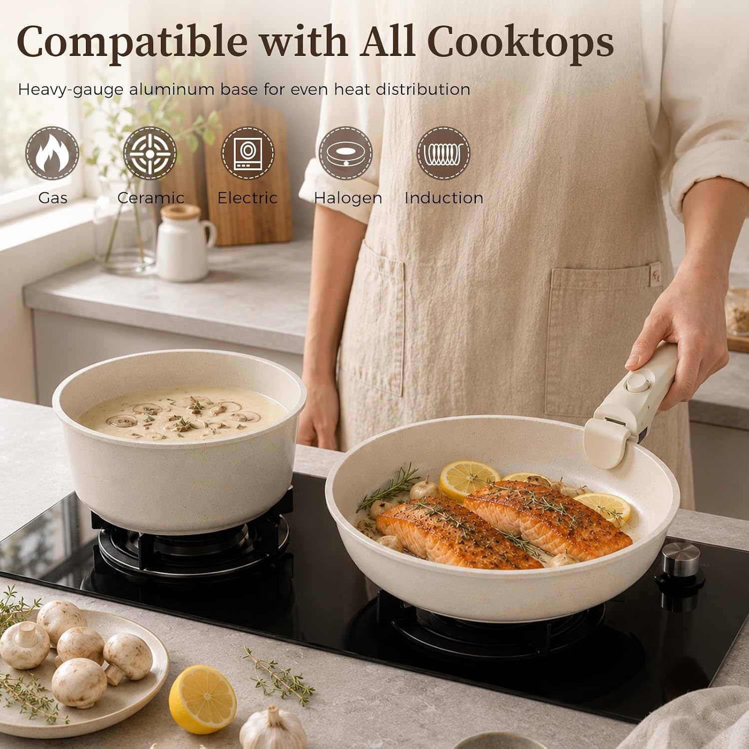 9Pcs Granite Nonstick Pots and Pans Set, Oven Safe, Stackable | Induction Compatible, Non-Toxic Cookware Set with Detachable Handle for RVs, Camping, PFOS/PFOA-Free