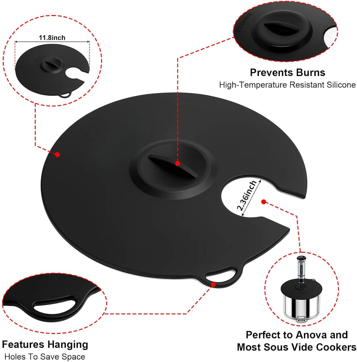 Sous Vide Precision Cooker Silicone Lids, Fits up to 11 pot, Compatible with Anova/Joule/Inkbird Culinary Sous Vide Precision Cookers, Prevent Water Evaporation and Retain Flavor (Black)