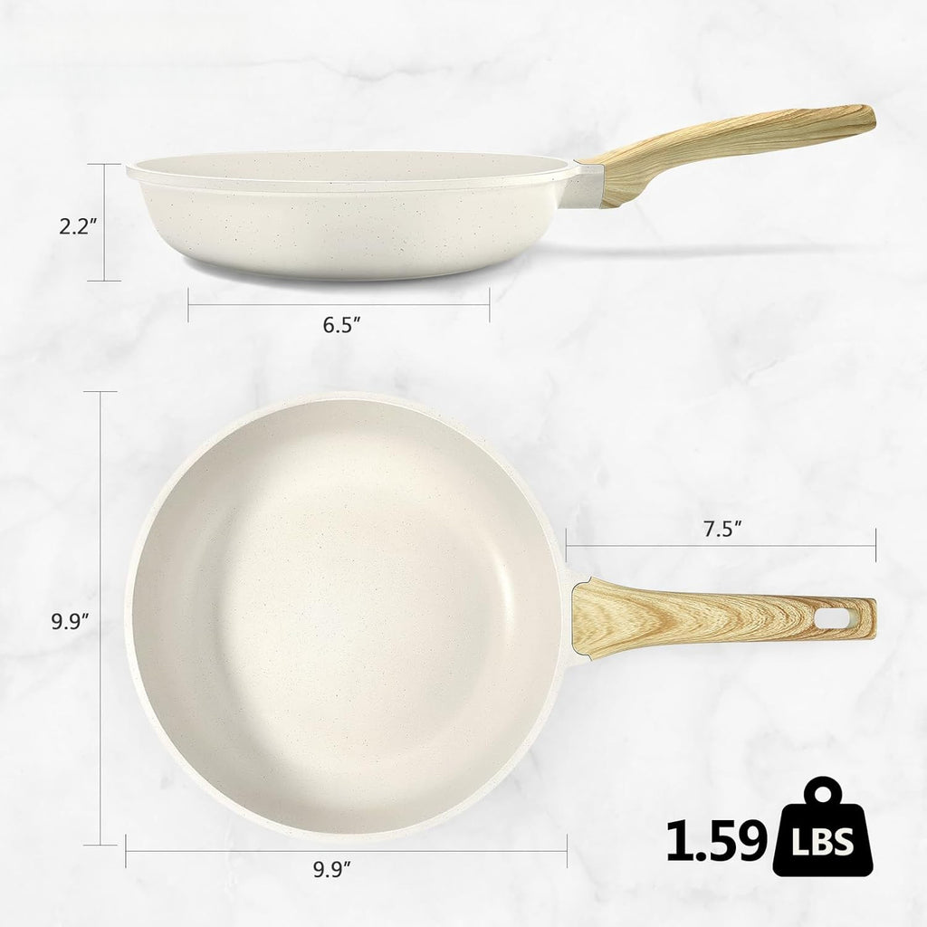 Nonstick Frying Pan Skillet - 9.5" White Granite Non Stick Fry Pans, Omelette Pan Healthy Stone Cookware Compatible with All Stovetops, PFOA Free