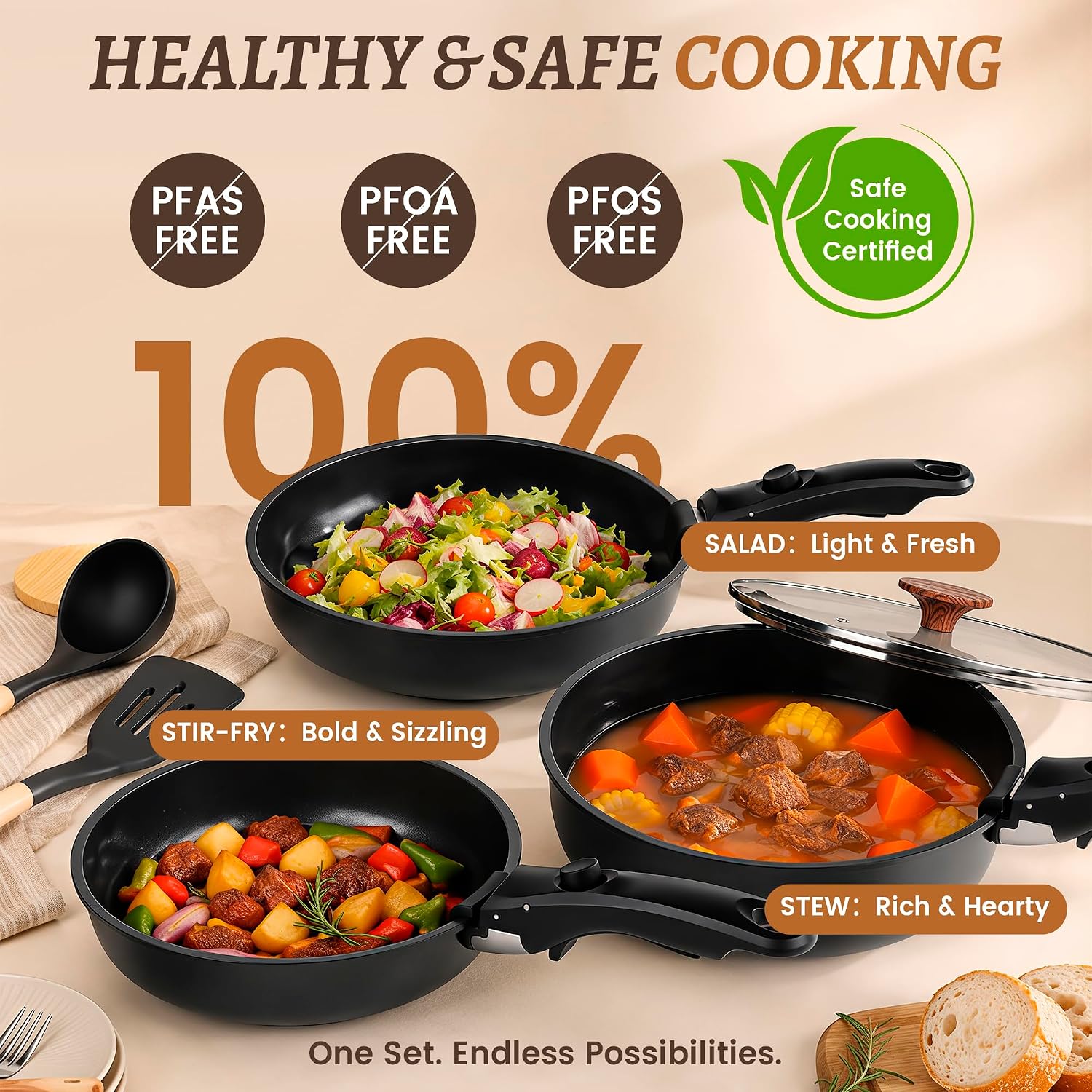 20-Piece Ceramic Nonstick Cookware Set | Detachable Handle, Stackable for RV | Oven & Dishwasher Safe