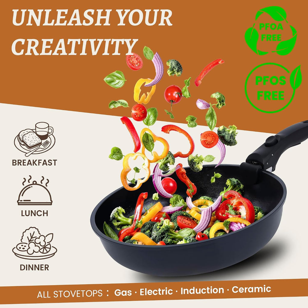 20-Piece Ceramic Nonstick Cookware Set | Detachable Handle, Stackable for RV | Oven & Dishwasher Safe