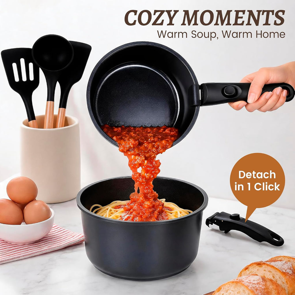 20-Piece Ceramic Nonstick Cookware Set | Detachable Handle, Stackable for RV | Oven & Dishwasher Safe