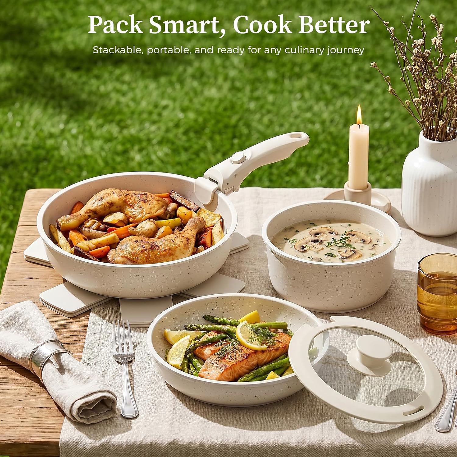 9Pcs Granite Nonstick Pots and Pans Set, Oven Safe, Stackable | Induction Compatible, Non-Toxic Cookware Set with Detachable Handle for RVs, Camping, PFOS/PFOA-Free