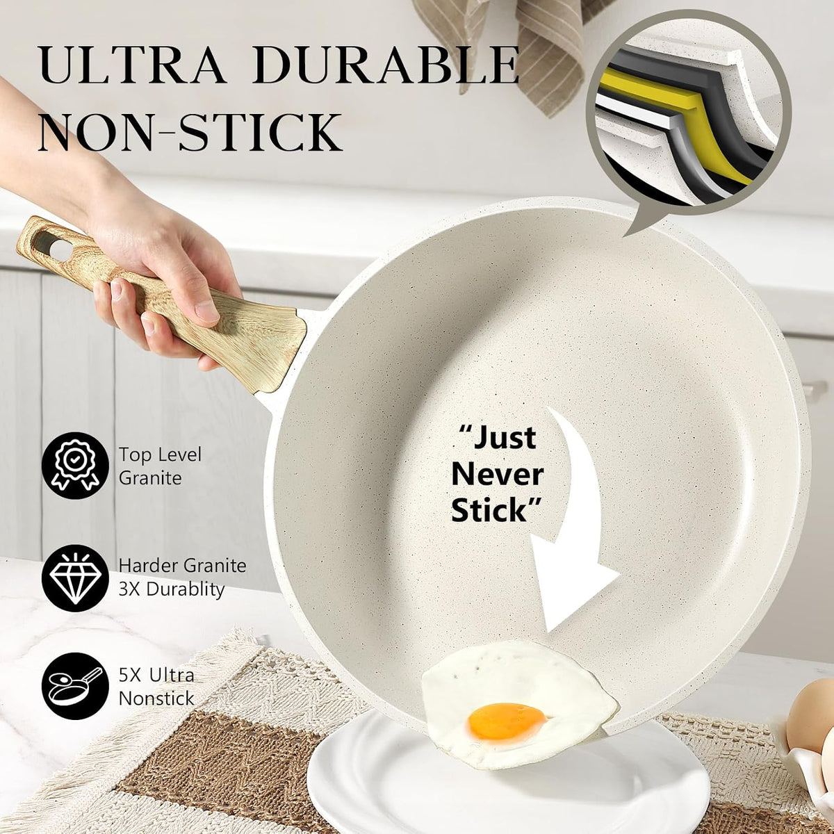 Nonstick Frying Pan Skillet - 9.5" White Granite Non Stick Fry Pans, Omelette Pan Healthy Stone Cookware Compatible with All Stovetops, PFOA Free