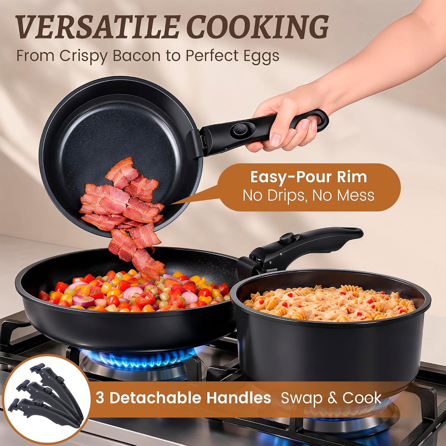 20-Piece Ceramic Nonstick Cookware Set | Detachable Handle, Stackable for RV | Oven & Dishwasher Safe