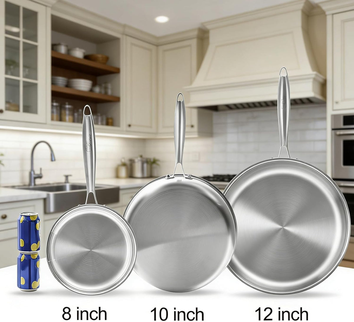 Tri-ply Stainless Steel Frying Pan 8 Inch Small Skillet for Chef's Cooking Pan Induction Oven Dishwasher Safe, Compatible with All Cooktops Up to 600℉ with Kitchen Tongs(Detachable Handle)