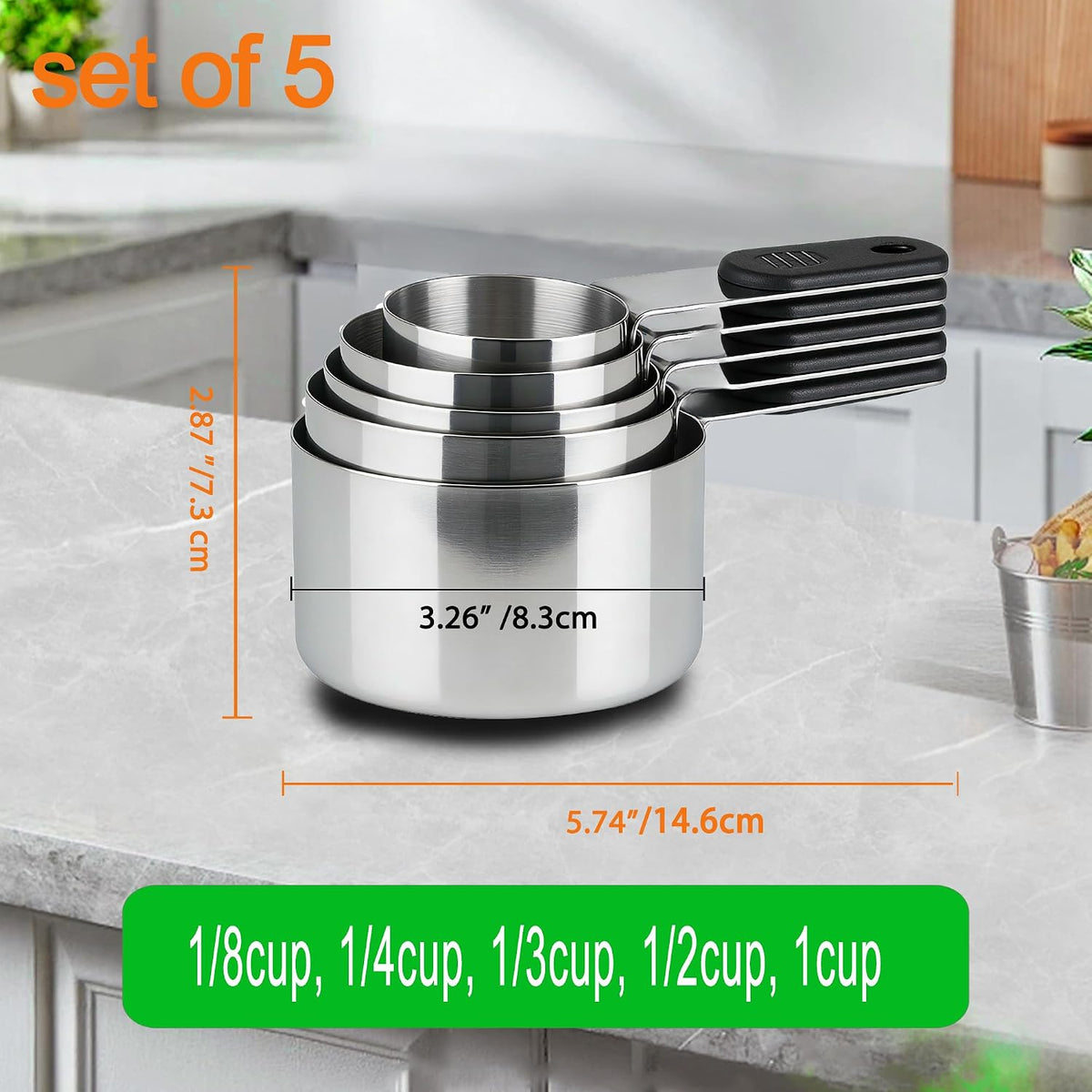 Magnetic Handles 5 Piece Stainless Steel Measuring Cups, Black, Kitchen Gadgets for Measure Liquid and Dry Ingredients, Cooking & Baking